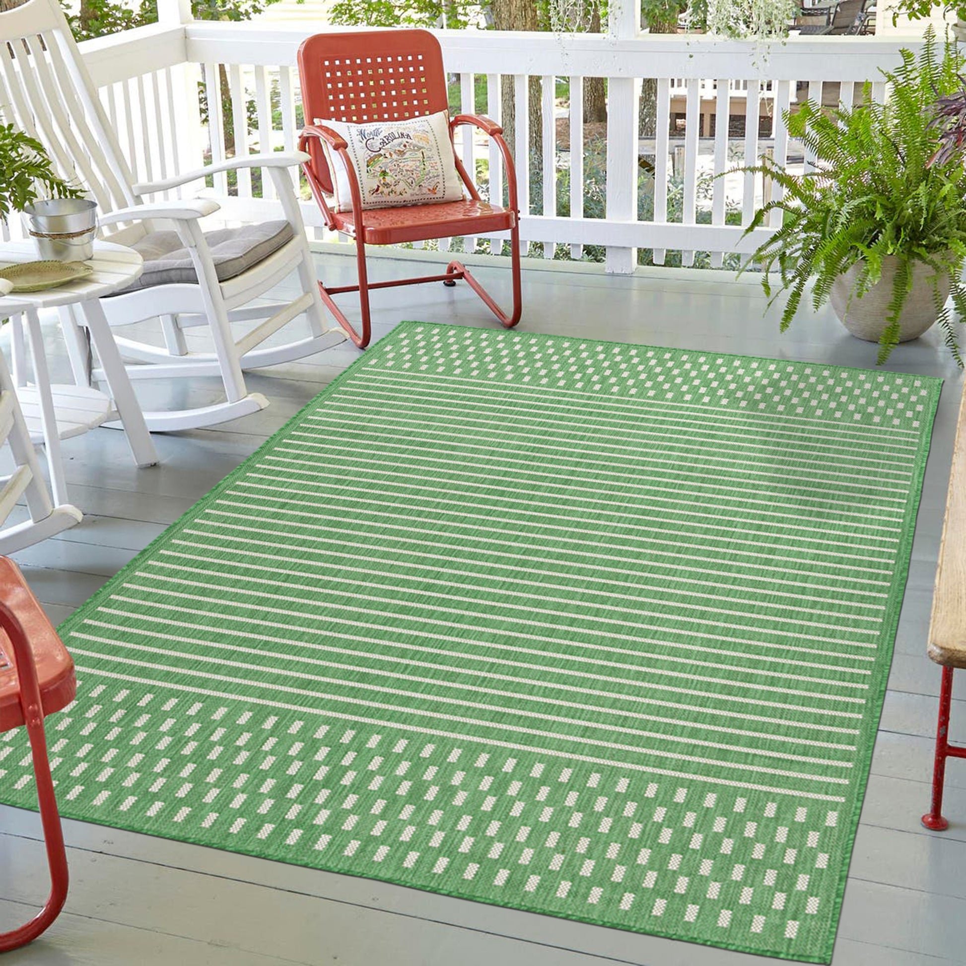 Quick Dry Green Stripes Indoor Outdoor Rug for Patio Backyard Deck Balcony Terrace