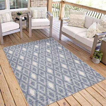 Twilight Diamond Grid Blue Outdoor Rug
