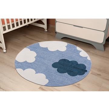 Kids 4' x 4' Ft. Playful Ultra Soft Round Kids Rug with Happy Clouds in Blue Pastels for Playroom, Nursery, Children Bedroom, Living Room