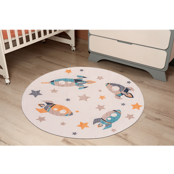 Playful Ultra Soft Kids Round Rug 4' x 4' Ft. - Space Rockets Rug for Playroom, Nursery, Children Bedroom, Living Room