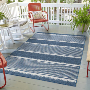 Quick Dry Durable Indoor Outdoor Rug for Patio and Deck Easy to Clean Blue Stripes