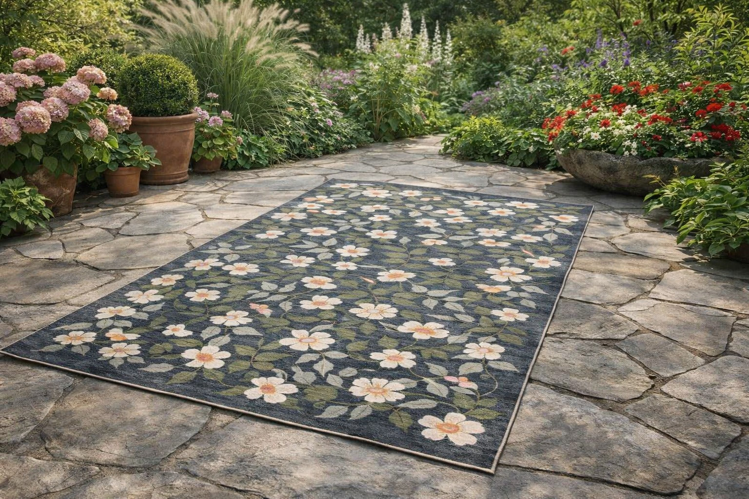 Midnight Blossom Grey Outdoor Rug - Erbanica