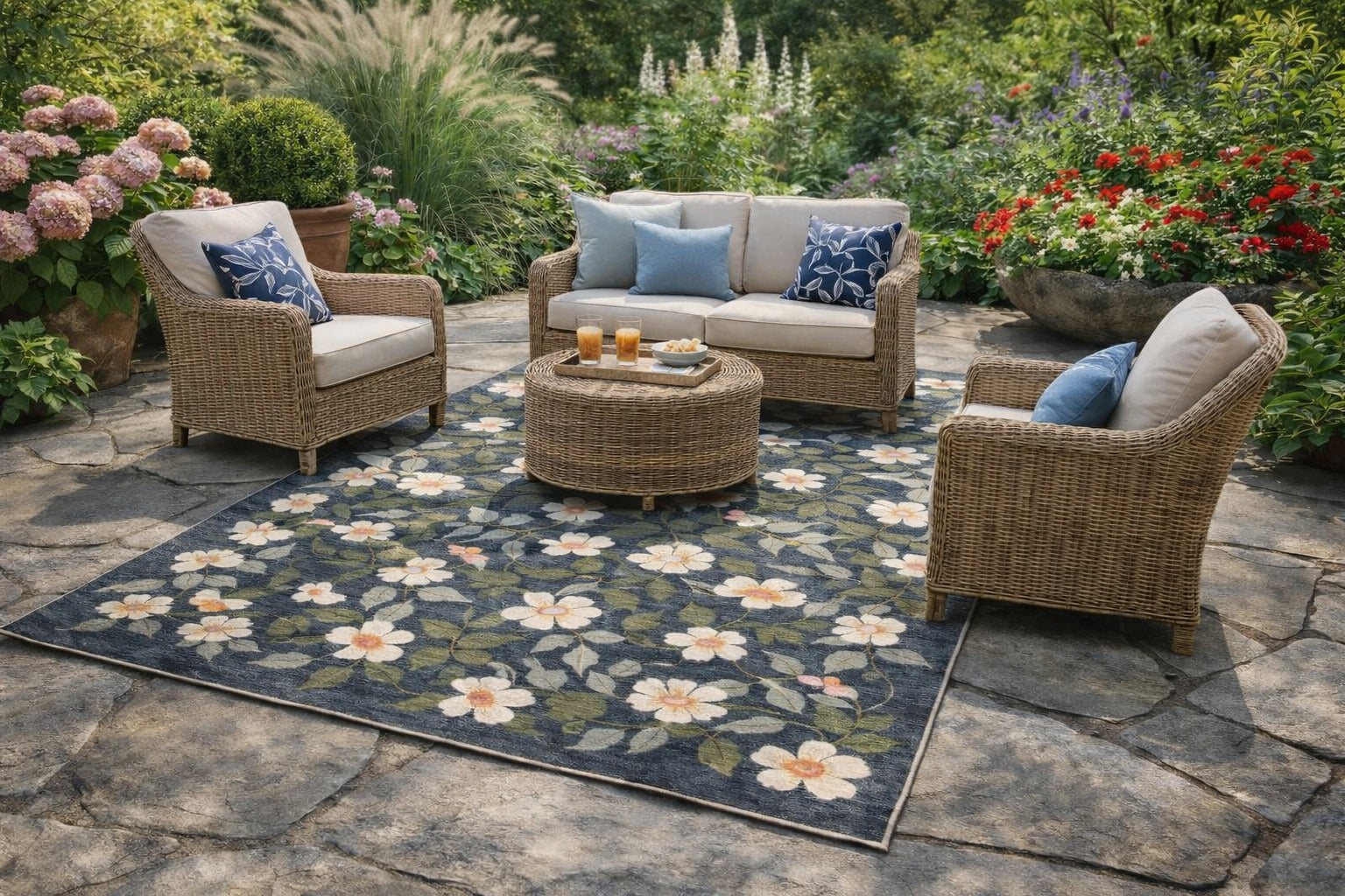 Midnight Blossom Grey Outdoor Rug - Erbanica