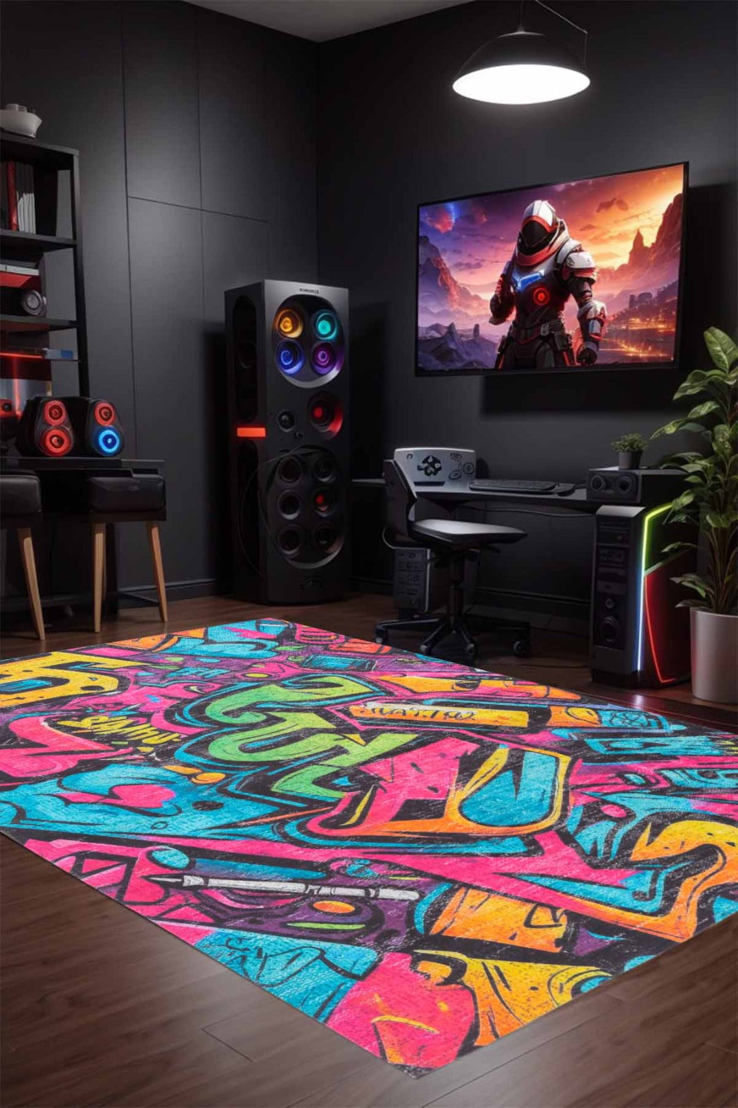 Vibrant Graffiti Gaming Arcade Machine Washable Indoor Area Rug