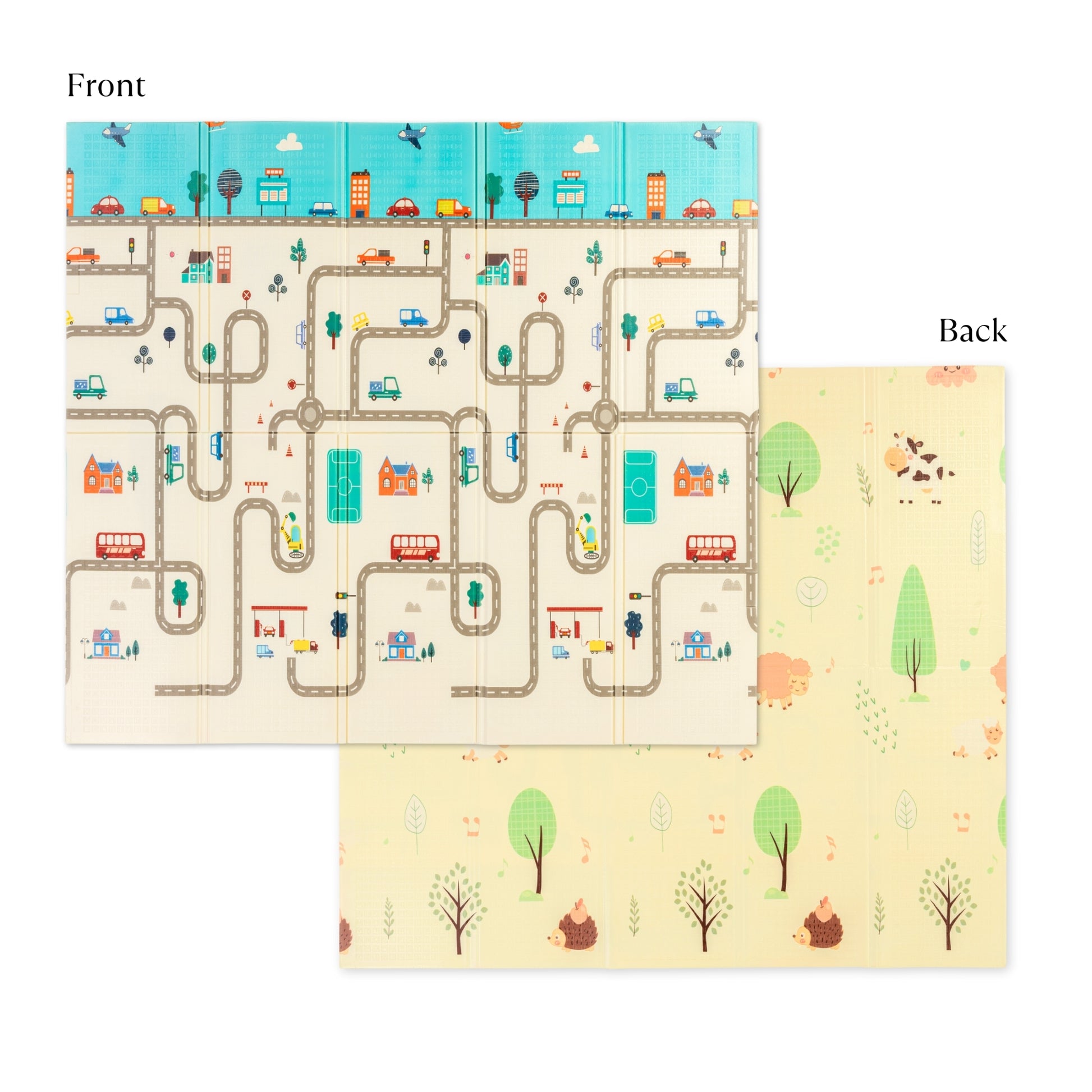 A reversible playmat with farm animals on one side and city roads and buildings on the other, providing a safe and colorful play surface for babies and toddlers.