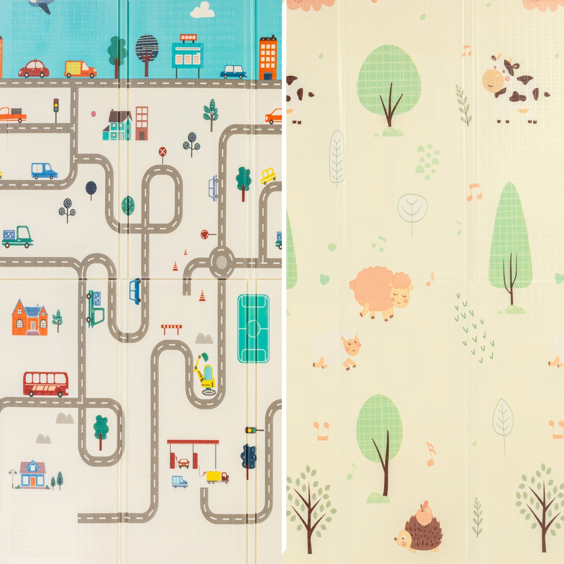 A reversible playmat with farm animals on one side and city roads and buildings on the other, providing a safe and colorful play surface for babies and toddlers.