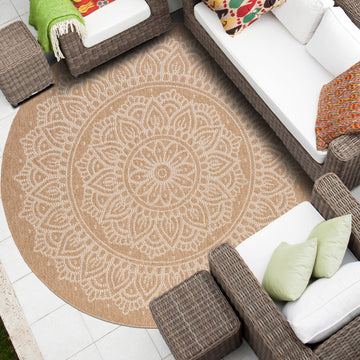 Tribal Round White Indoor-Outdoor Synthetic Jute Rug