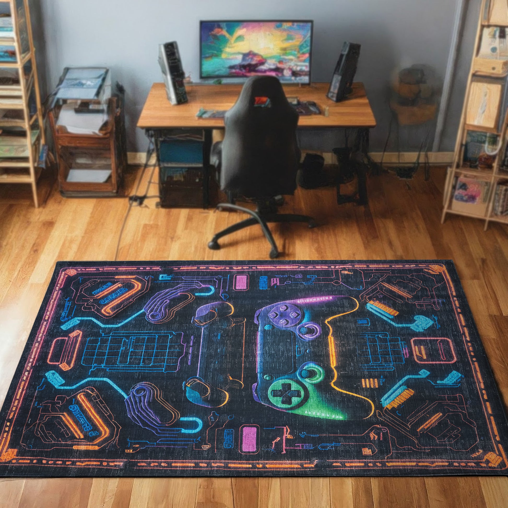 Neon Console Gaming Arcade Machine Washable Indoor Area Rug