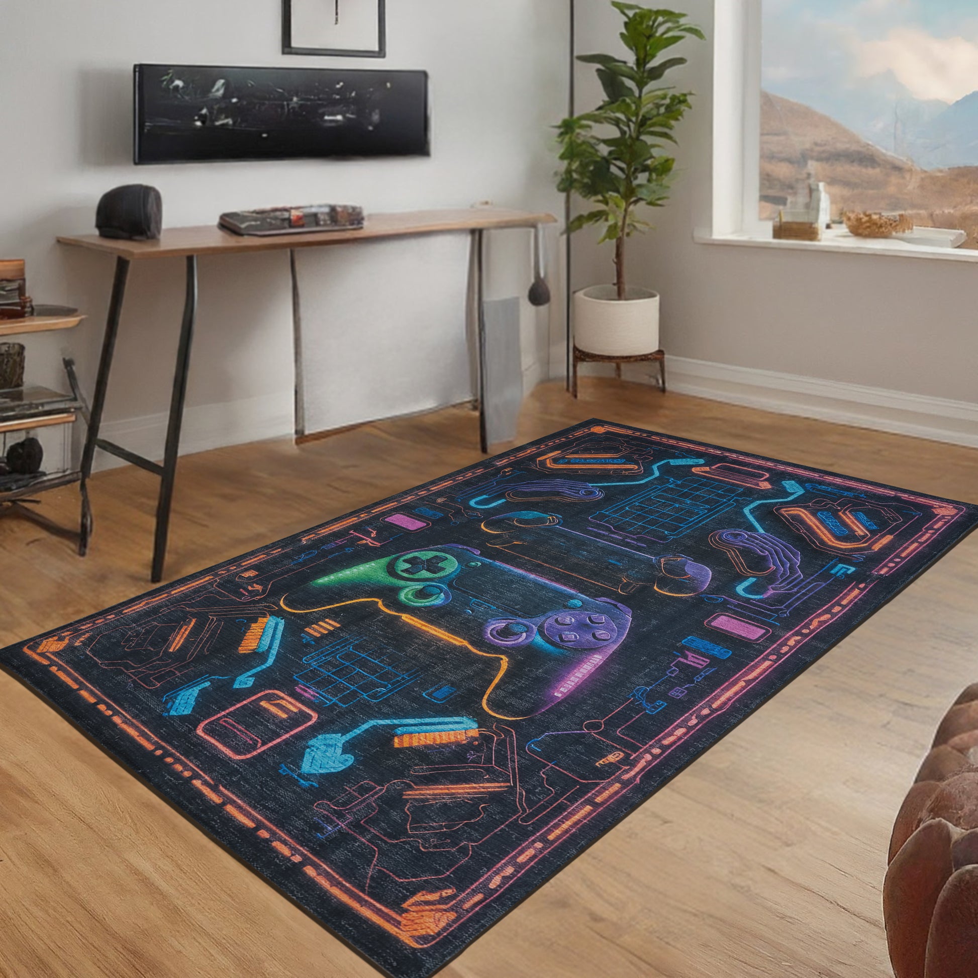 Neon Console Gaming Arcade Machine Washable Indoor Area Rug