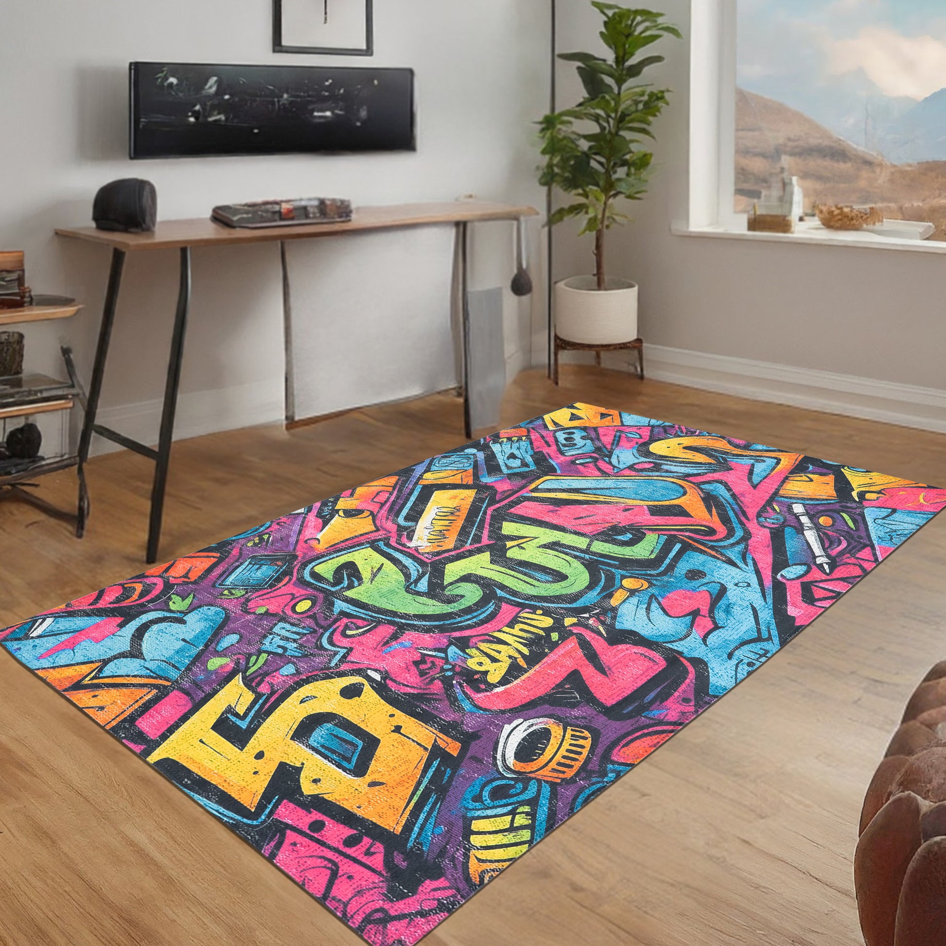 Vibrant Graffiti Gaming Arcade Machine Washable Indoor Area Rug