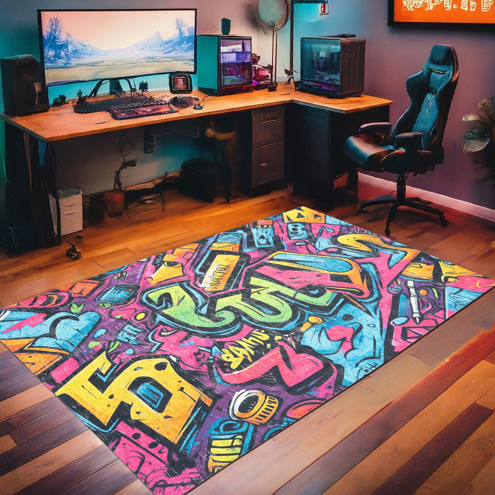 Vibrant Graffiti Gaming Arcade Machine Washable Indoor Area Rug