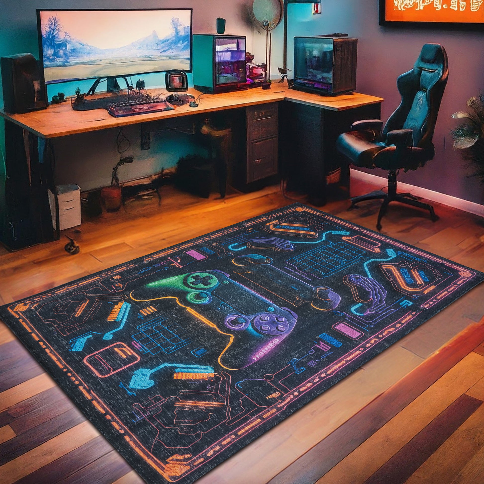 Neon Console Gaming Arcade Machine Washable Indoor Area Rug