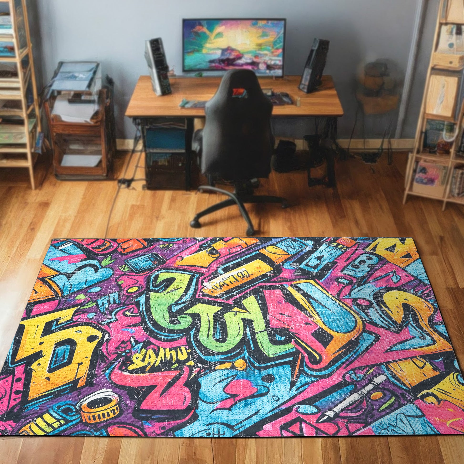 Vibrant Graffiti Gaming Arcade Machine Washable Indoor Area Rug