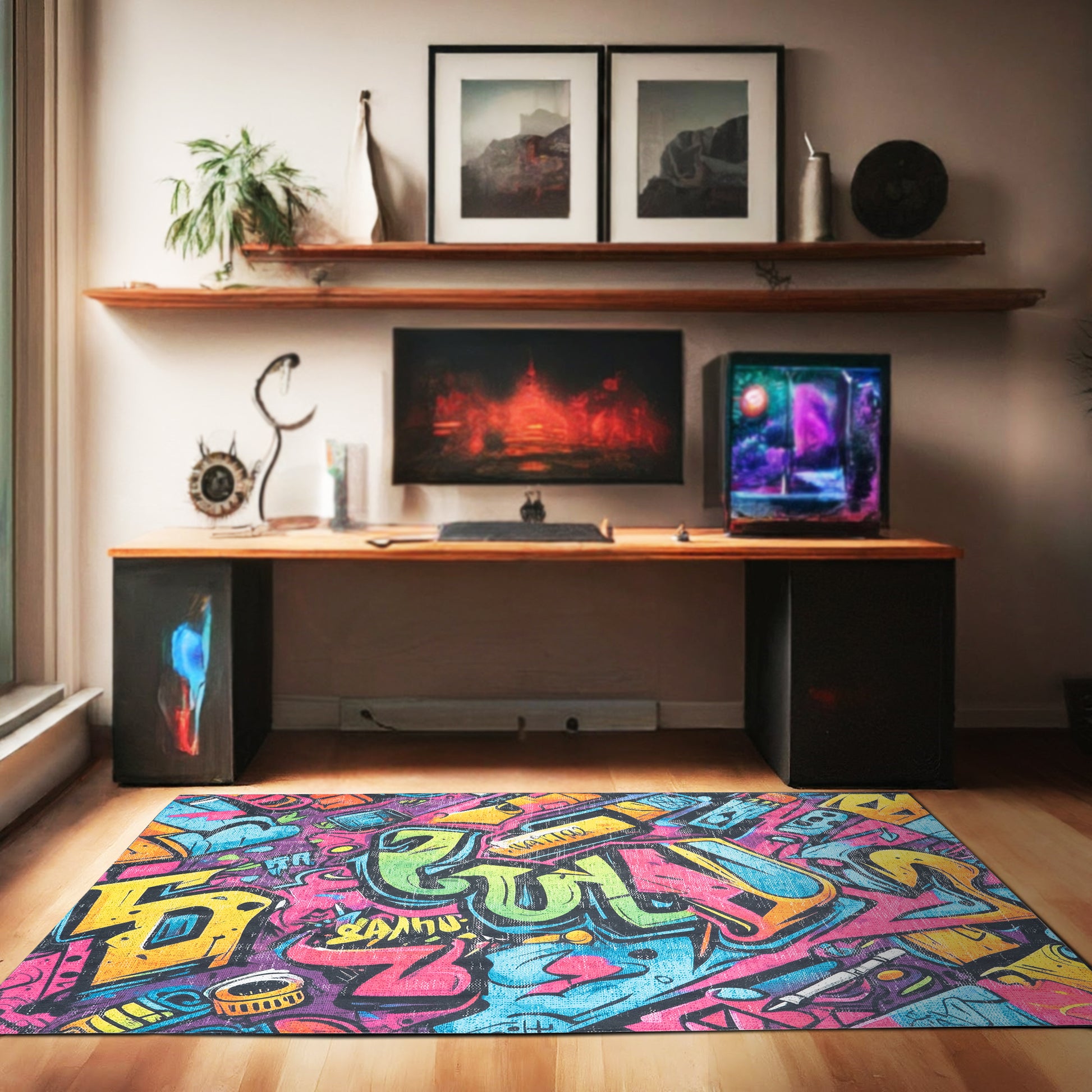 Vibrant Graffiti Gaming Arcade Machine Washable Indoor Area Rug