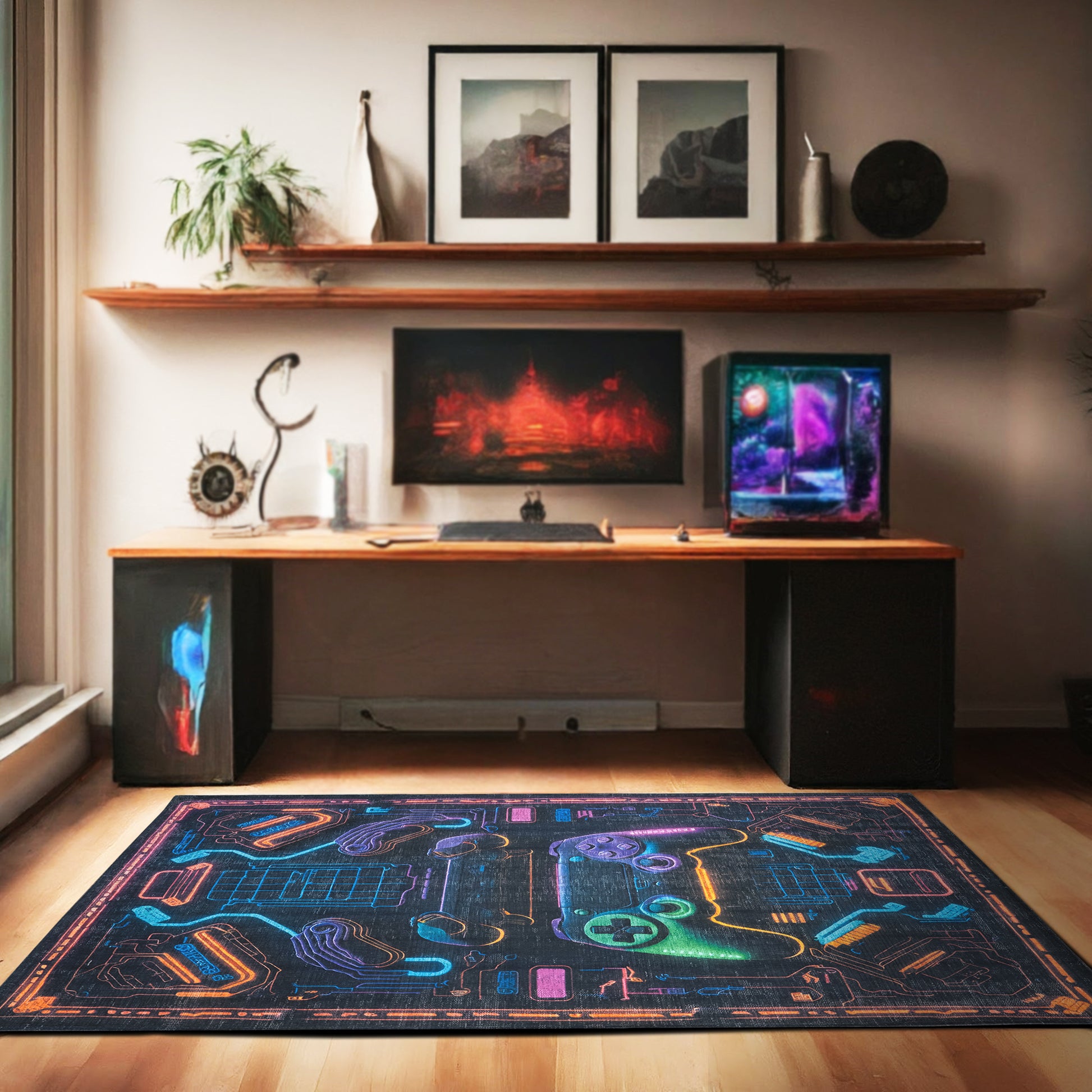 Neon Console Gaming Arcade Machine Washable Indoor Area Rug