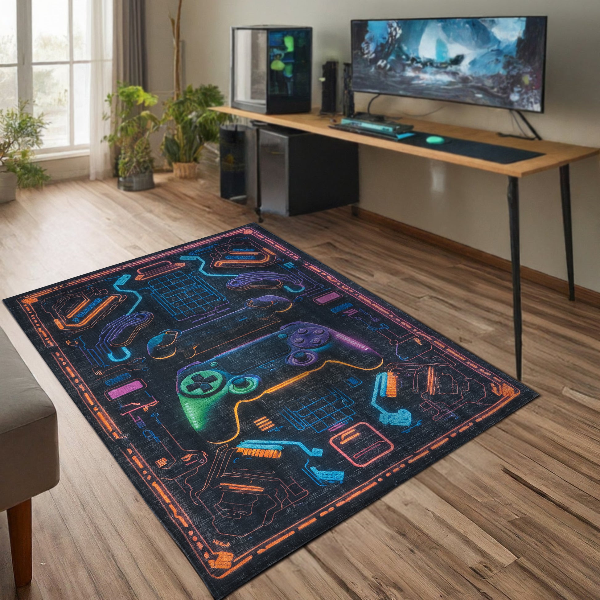 Neon Console Gaming Arcade Machine Washable Indoor Area Rug