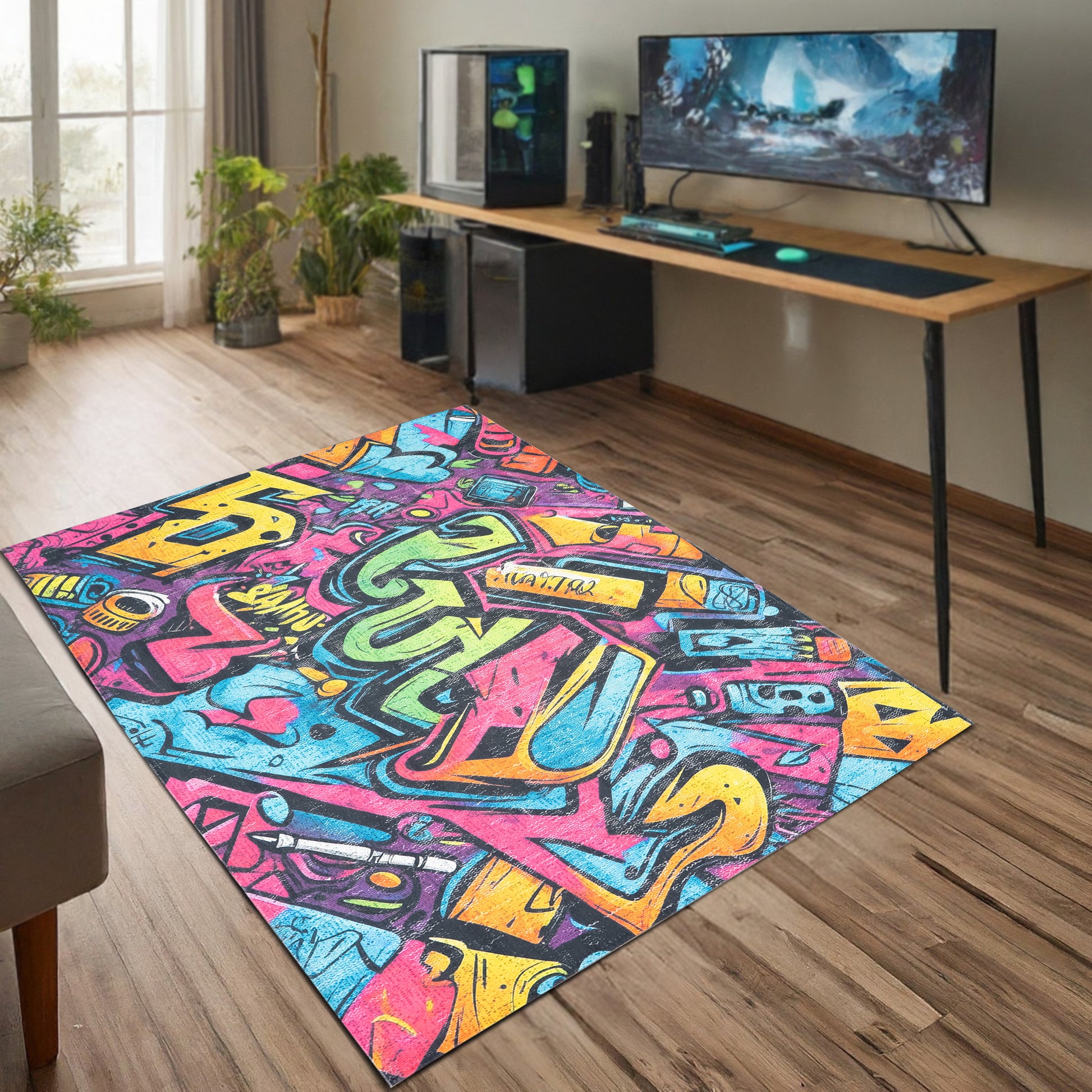 Vibrant Graffiti Gaming Arcade Machine Washable Indoor Area Rug