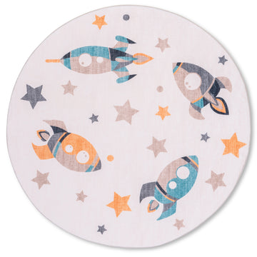 Playful Ultra Soft Kids Round Rug - Space Rockets