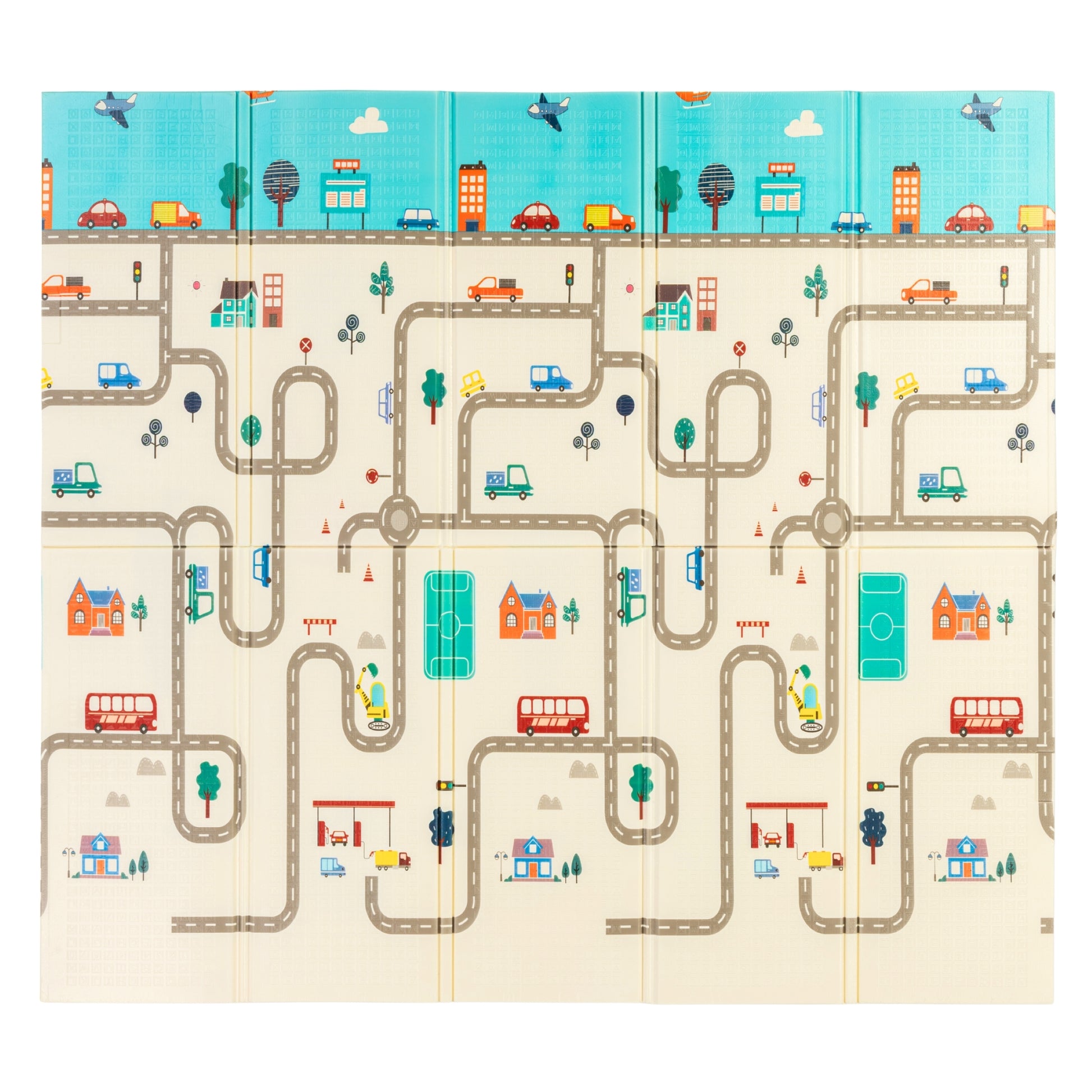 A reversible playmat with farm animals on one side and city roads and buildings on the other, providing a safe and colorful play surface for babies and toddlers.