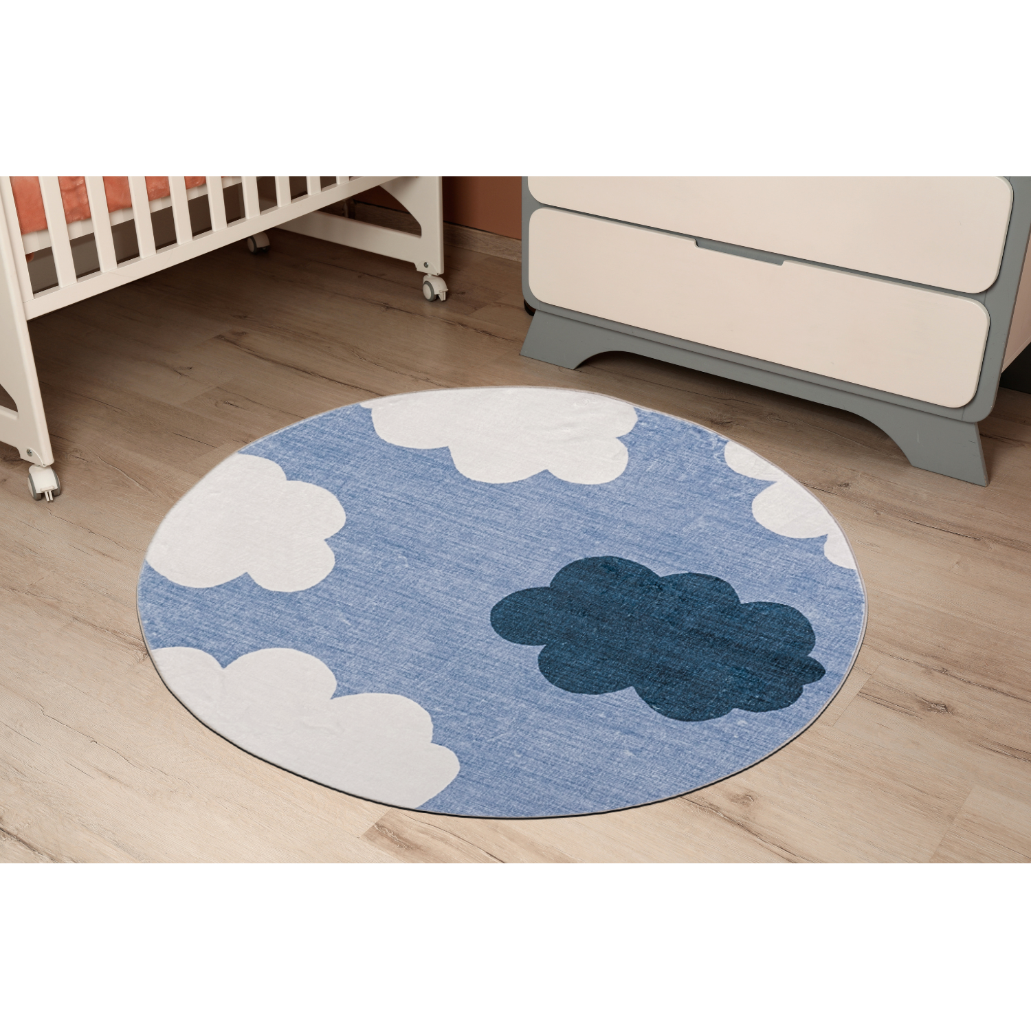 Kids 4' x 4' Ft. Playful Ultra Soft Round Kids Rug with Happy Clouds in Blue Pastels for Playroom, Nursery, Children Bedroom, Living Room