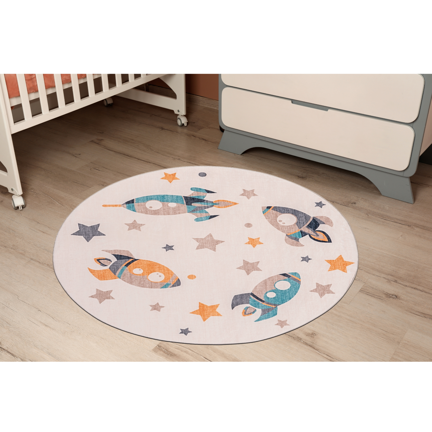 Playful Ultra Soft Kids Round Rug 4' x 4' Ft. - Space Rockets Rug for Playroom, Nursery, Children Bedroom, Living Room